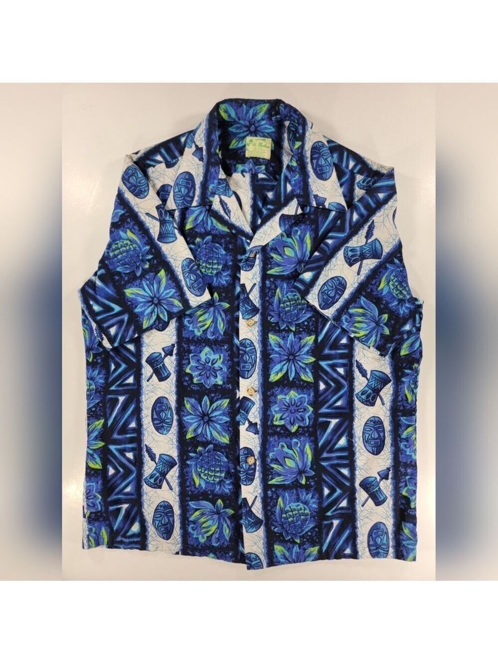Vintage 60s Ui Maikai Hawaiian Aloha Shirt Pineapple Floral Masks Tribal Blue XL